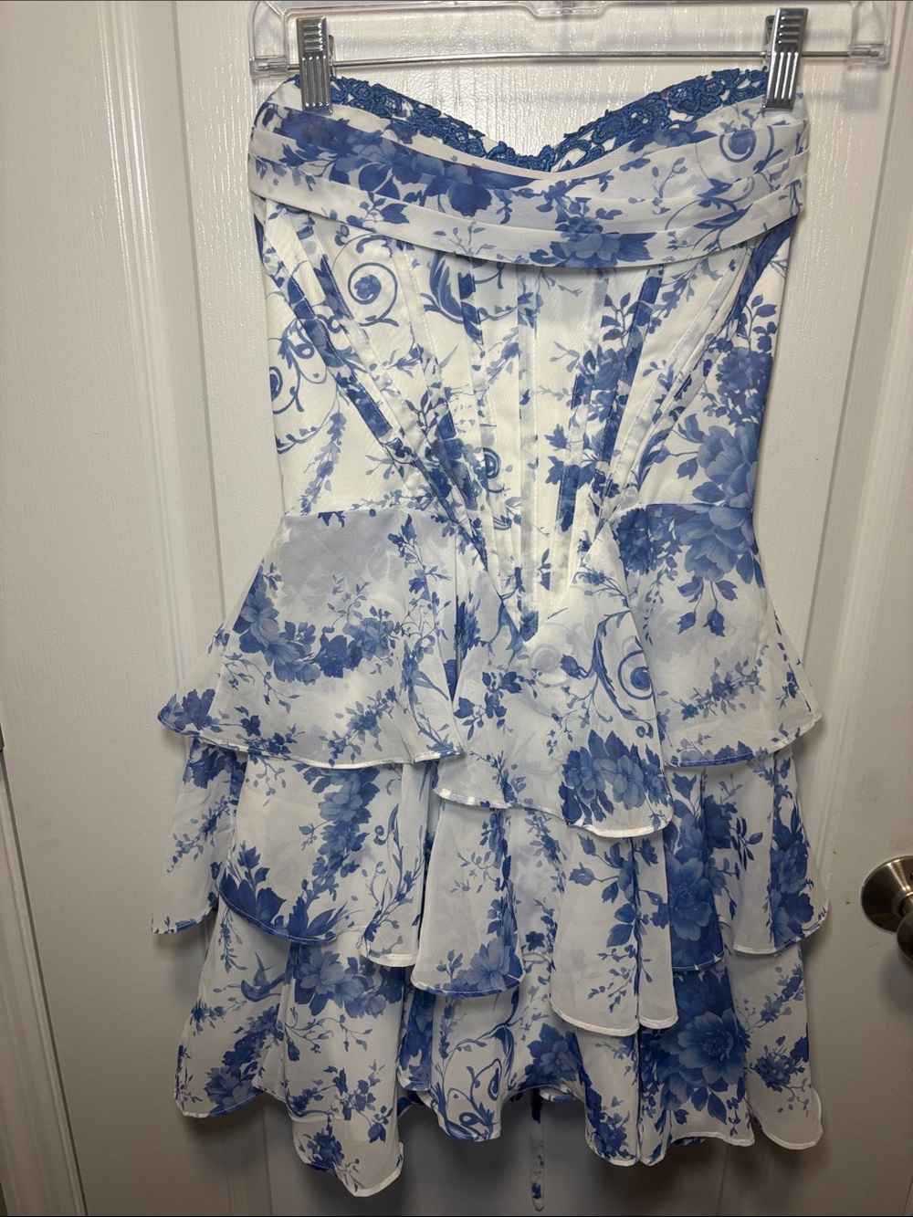 Strapless Blue & White Floral Tiered Dress